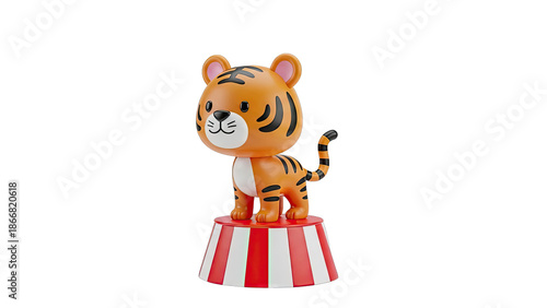 Cute Cartoon Tiger Toy on a Striped Pedestal