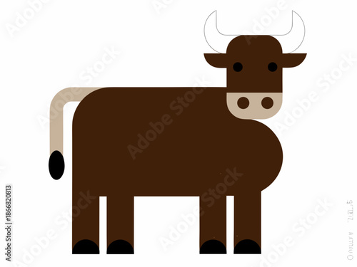 A simple flat design illustration of a brown bull with white horns
