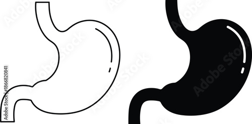 Black and white outline and solid fill human stomach diagrams human organ anatomy