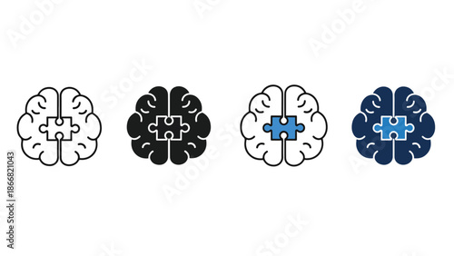 Illustrations of brains with puzzle pieces - SVG and PNG icons - Vector Icons and Stickers - PNG, SVG, EPS - Glyph and solid icon set - Icon vector - Flat Design Icon - line icon set