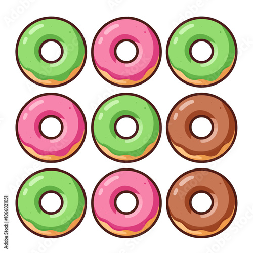 Colorful glazed donuts in three flavors