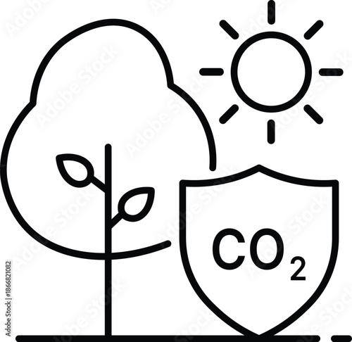 Tree and sun protected by shield with CO2 symbol carbon dioxide
