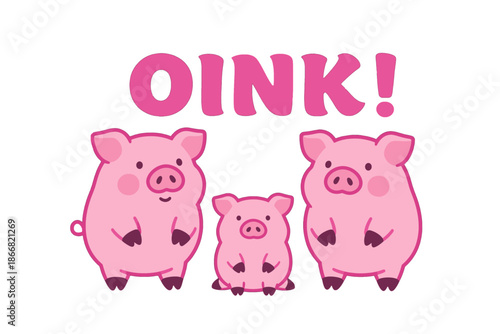 Cute Pink Cartoon Pigs With Oink Text