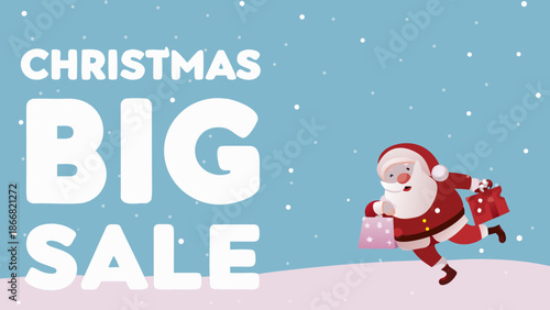 Christmas big sale advertisement featuring santa claus with gifts and snowflakes
