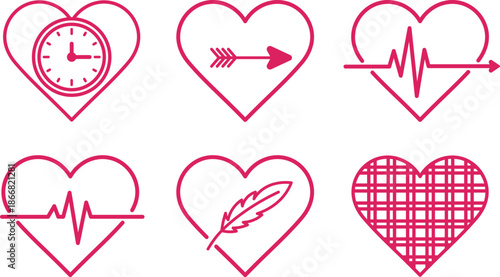 Six pink heart with clock arrow heartbeat feather and plaid patterns