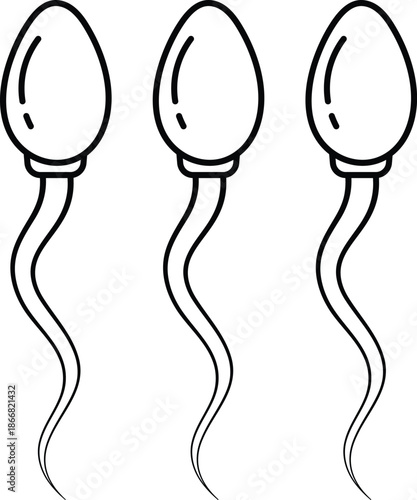 Three stylized sperm cells with wavy tails in black outline biology reproduction