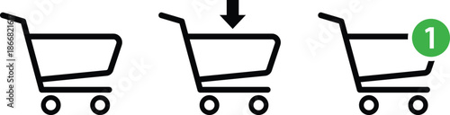 Three black shopping cart showing progression from empty to added commerce retail