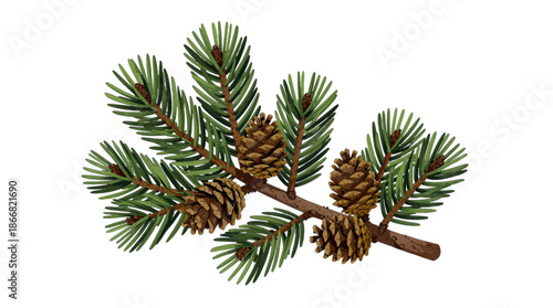 Evergreen branch with pine cones isolated