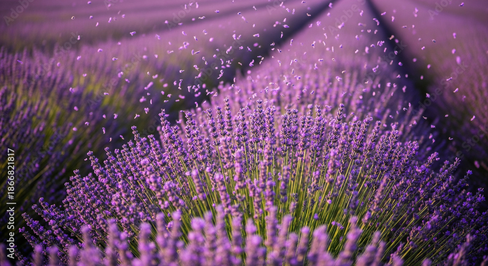 Naklejka premium Lavender Field in Full Bloom: A mesmerizing vista of vibrant lavender fields stretches towards the horizon.