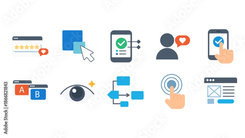 A comprehensive collection of flat icons representing user experience design concepts, interactive elements, and interface feedback mechanisms