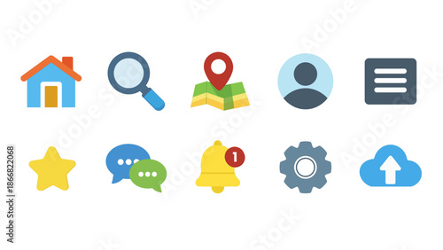 A professional set of colorful flat icons designed for mobile application navigation, system settings, and primary user interface actions