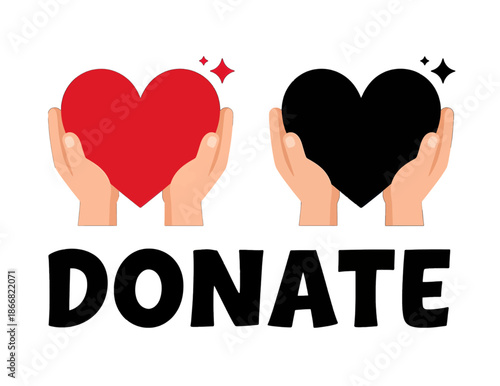 Hands holding red and outlined hearts above donate text