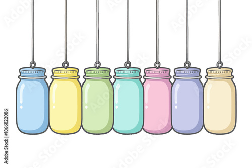 Hanging pastel colored jars suspended by ropes