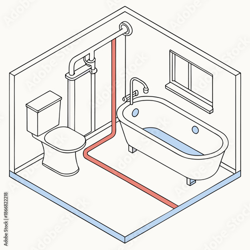 Isometric 3D house sewage system illustration featuring interconnected pipes and underground drainage infrastructure for wastewater management concepts.