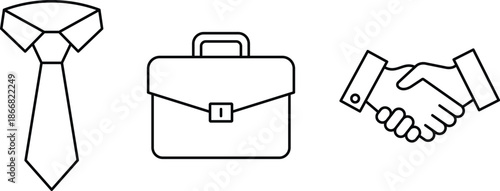 Business tie briefcase handshake black outline on white necktie collar