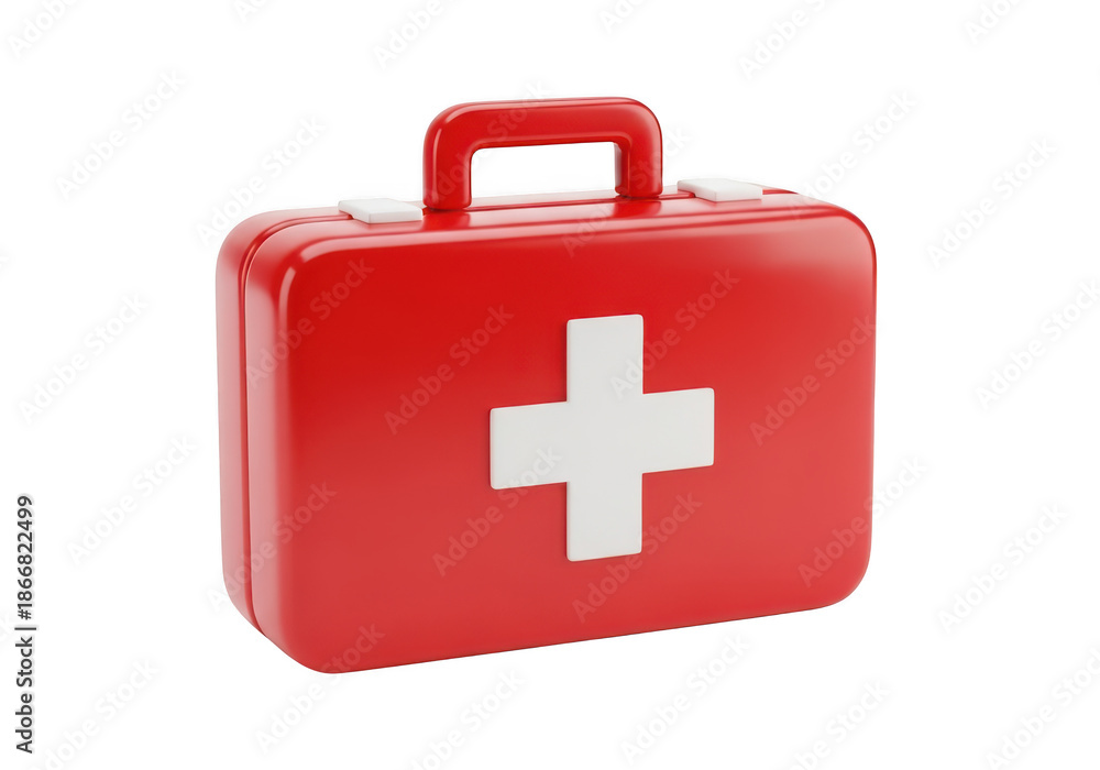 Fototapeta premium 3d icon of red first aid kit with white cross symbol isolated on transparent background