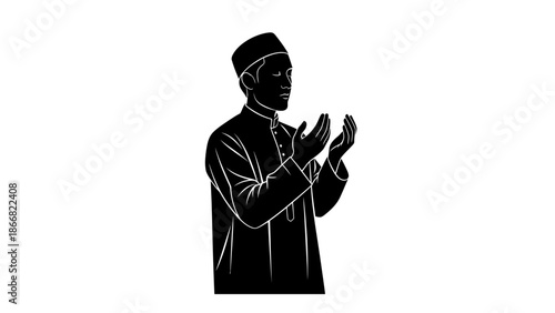 Muslim man praying with hands raised in silhouette.