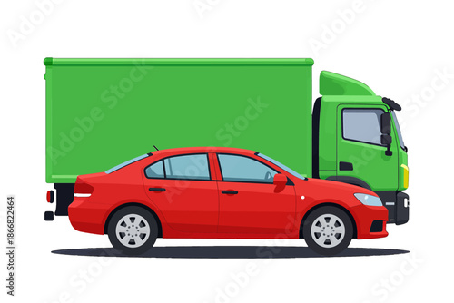Red car and green truck side view.