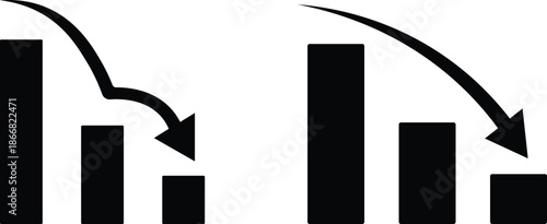 Black bar graph with downward curving arrow indicating decline white