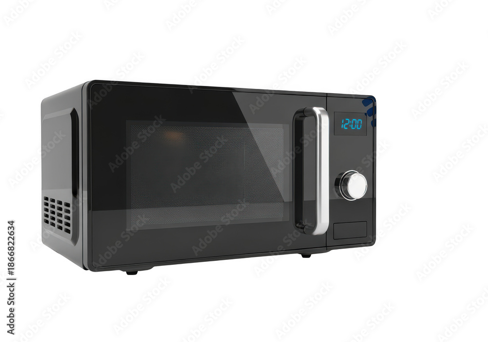 Fototapeta premium 3d icon of modern black microwave oven with digital display and chrome handle isolated on transparent background