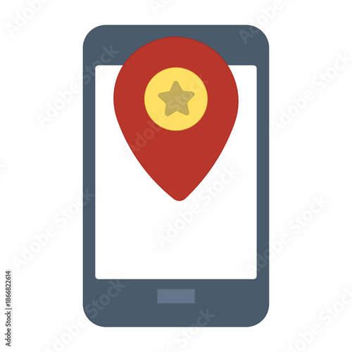 A smartphone displaying a red map pin with a star to indicate location