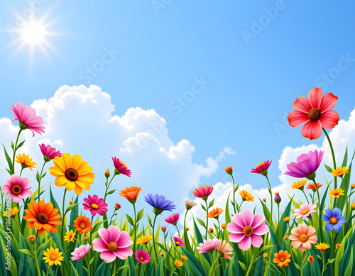 Colorful Flowers Full Bloom Against Bright Sky