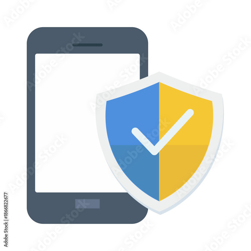 A protective shield with a checkmark placed in front of a smartphone