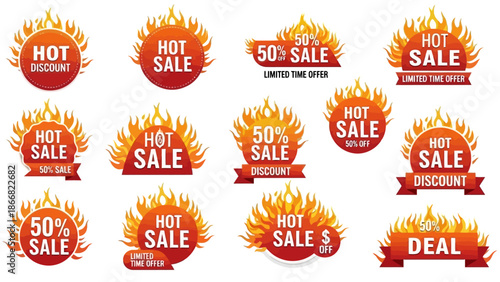 Set of hot sale and discount labels with fire flames.