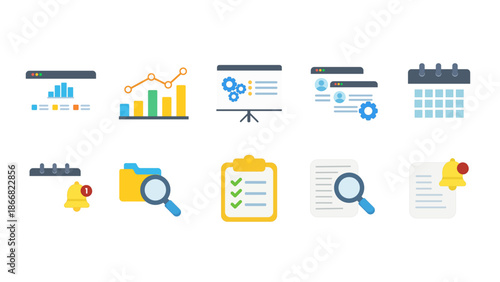 An extensive set of icons for data visualization, project management, administrative tasks, and organizational dashboard interfaces