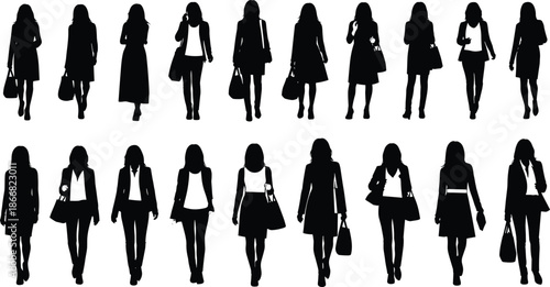 Large Collection of Black Businesswomen Silhouettes Wearing Professional Suits and Carrying Handbags While Walking Isolated on Clean White Background