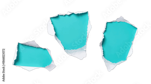 Three torn paper pieces with cyan inner texture.