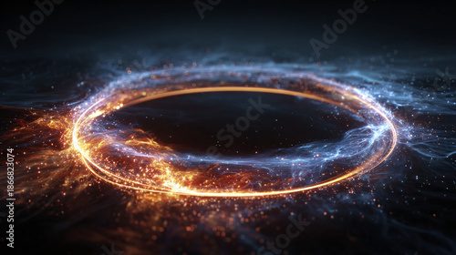 An illuminated swirling halo of energy, reminiscent of a portal or gateway, with orange and blue hues