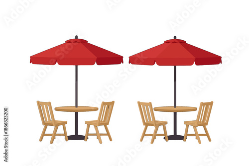 Two outdoor cafe sets with red umbrellas