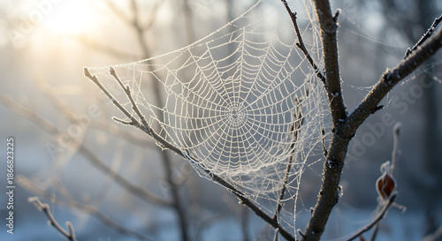 Frosty spider web on bare tree branch in winter
