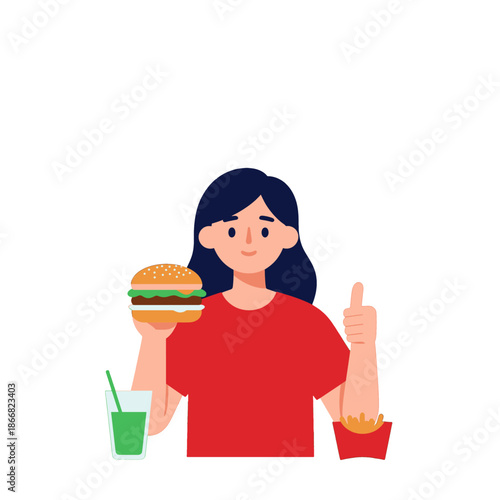 Woman in red shirt holding burger and drink
