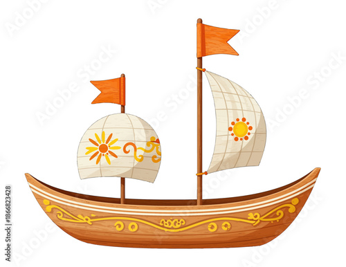 Wooden sailboat with decorative sails and flags