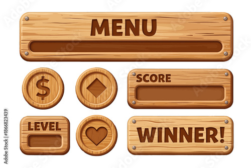 Wooden Game UI Elements Set