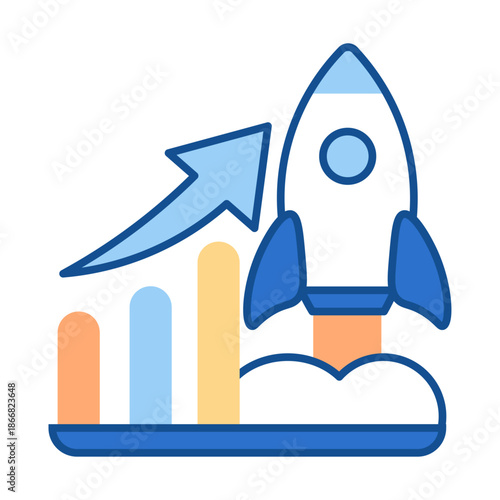 Rocket taking off alongside a bar chart symbolizing rapid startup growth and success