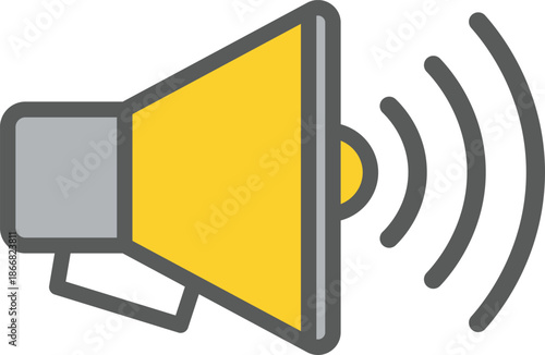 Yellow and grey megaphone with sound waves emanating announcement communication