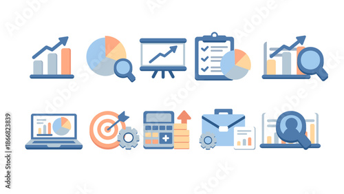 Modern icons illustrating data visualization, financial reporting, market research, and business intelligence metrics