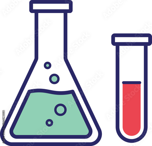 Two laboratory glass containers one flask with green liquid and bubbles and one test tube with red liquid