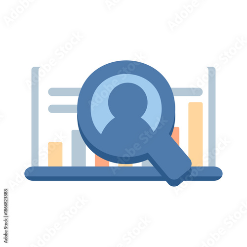 User profile icon inside a magnifying glass for customer analysis