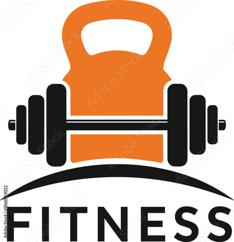 Compelling fitness emblem featuring essential strength training equipment, including a kettlebell and barbell, symbolizing dedication to an active, healthy, and powerful lifestyle journey