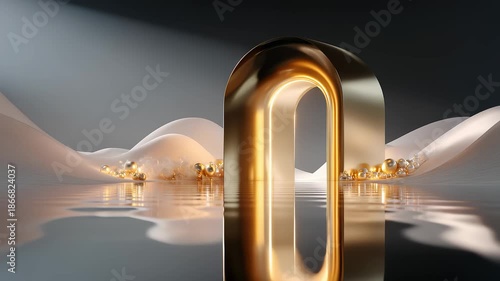 Golden arch reflecting on water surface with black background