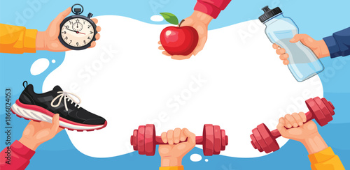 Healthy lifestyle concept with fitness equipment and apps, demonstrating wellness and active living
