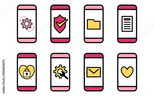 スマートフォンの認証とロックとセキュリティと設定とシステム管理を表すシンプルなベクターアイコンセット