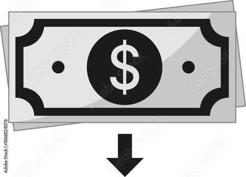 Stack of grey banknotes with dollar symbol and downward arrow money currency