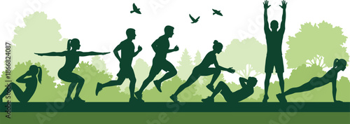 Dynamic fitness routine in a lush park setting, showcasing diverse athletic movements from running and stretching to core workouts for improved health and vitality