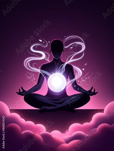 Meditative silhouette channeling cosmic energy and inner peace in a vibrant spiritual glow