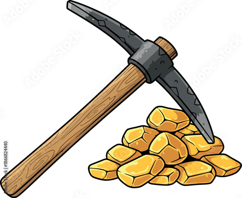Pickaxe and gold nuggets, vector illustration